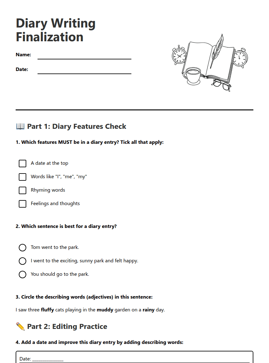 Diary Writing Finalization worksheet preview