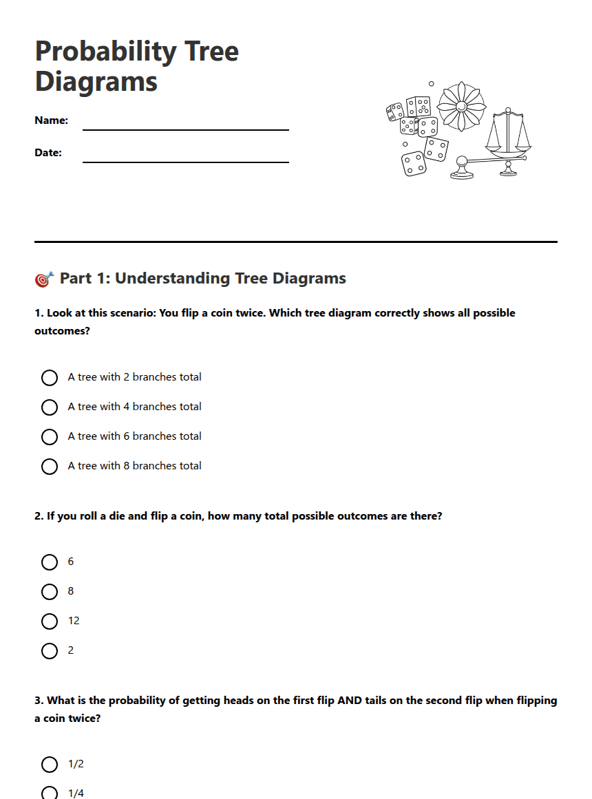 Probability Tree Diagrams worksheet preview