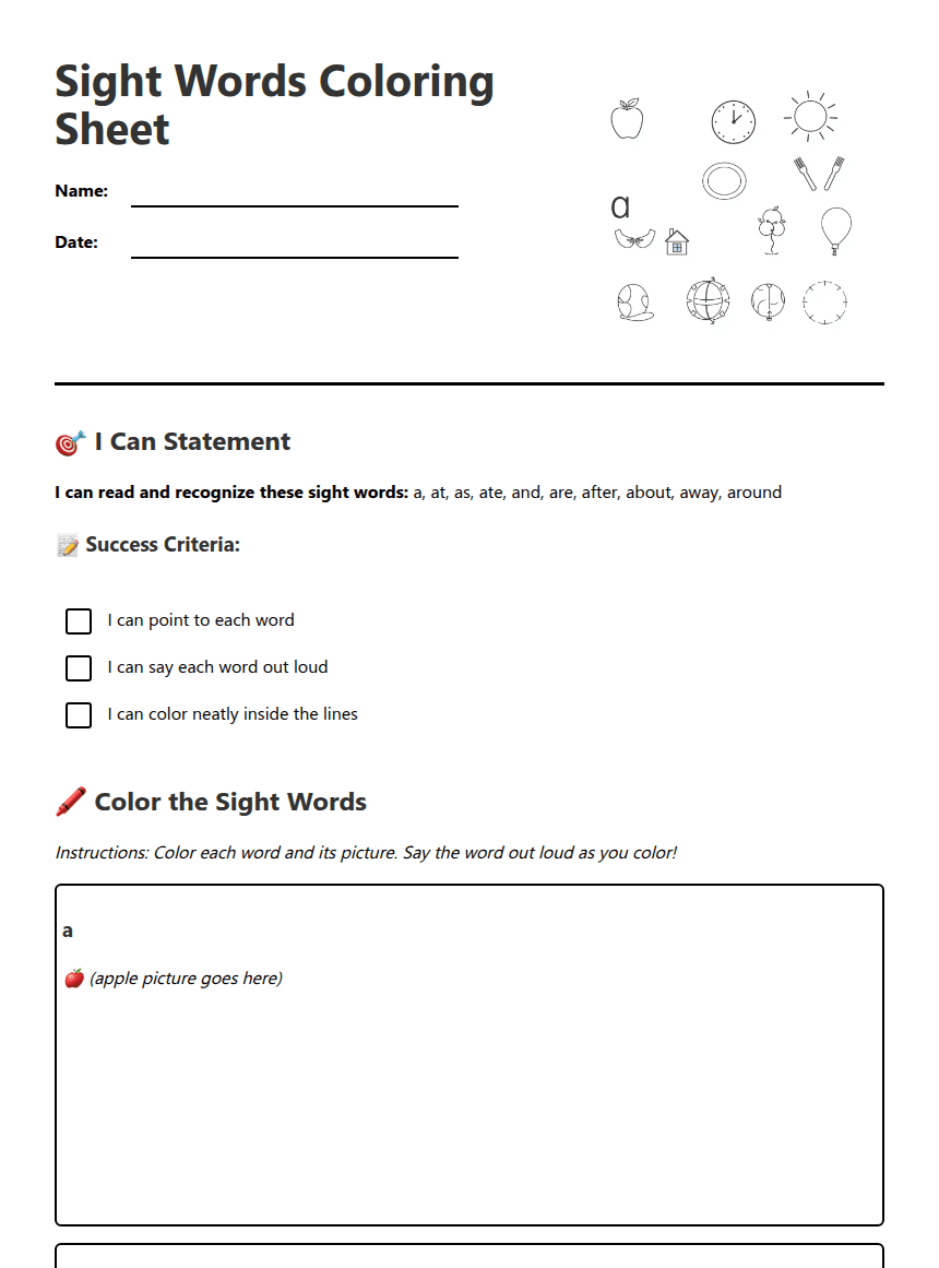 Sight Words Coloring Sheet worksheet preview