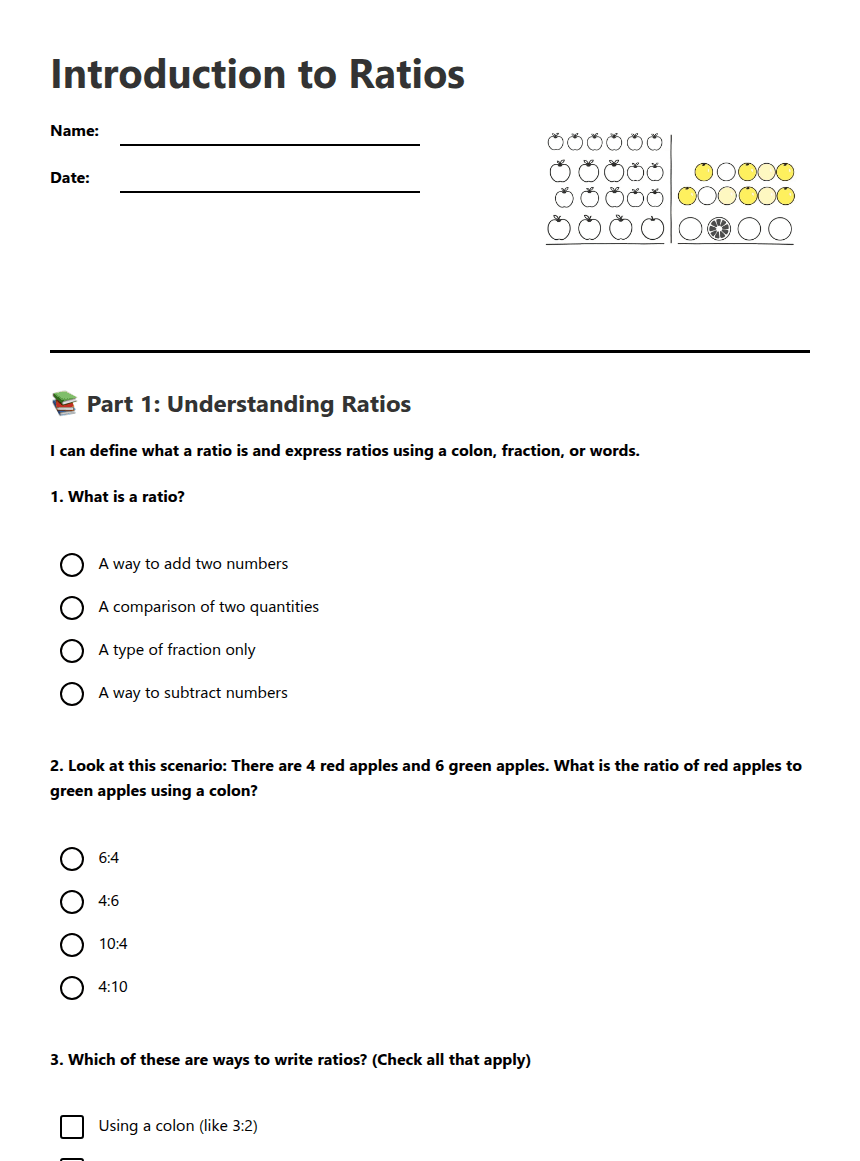 Introduction to Ratios worksheet preview