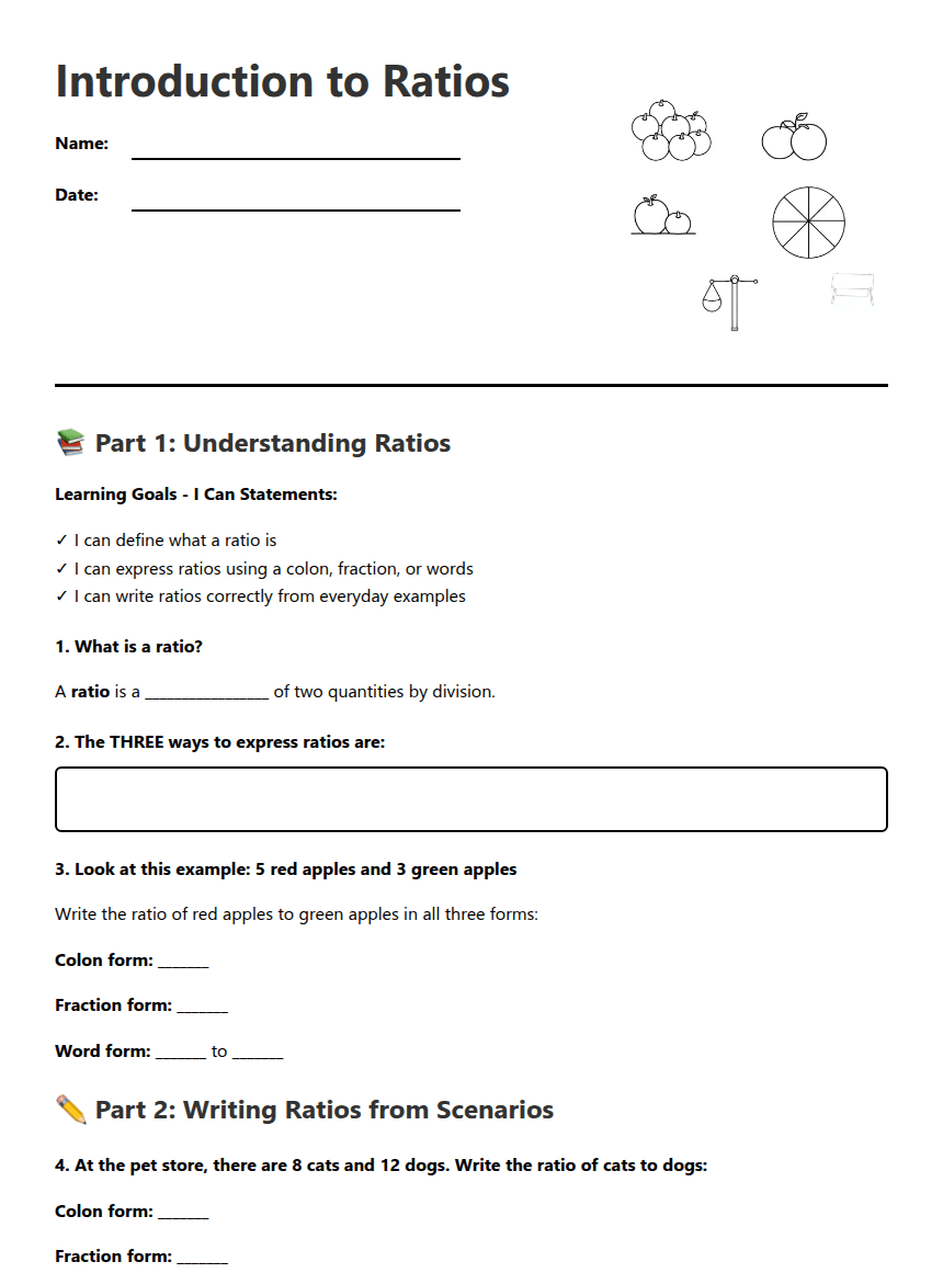Introduction to Ratios worksheet preview