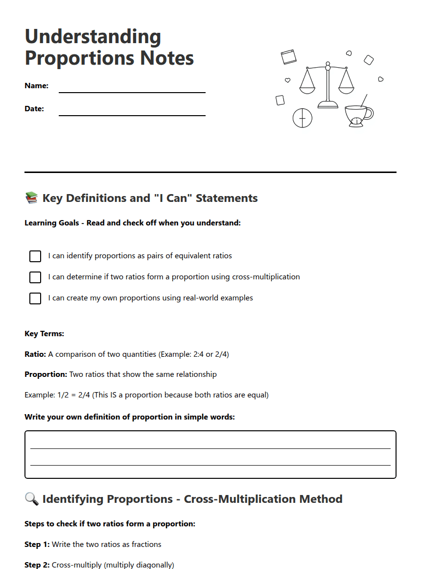 Understanding Proportions Notes worksheet preview