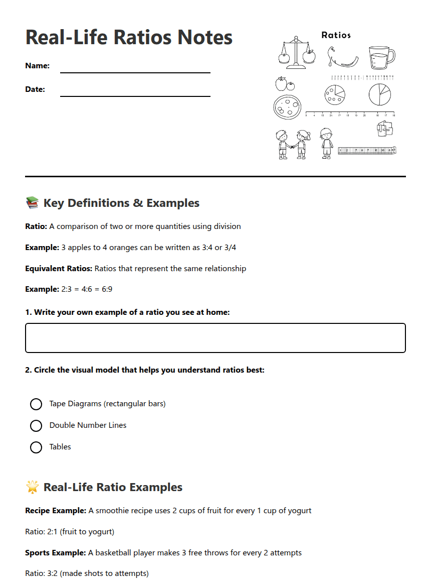 Real-Life Ratios Notes worksheet preview