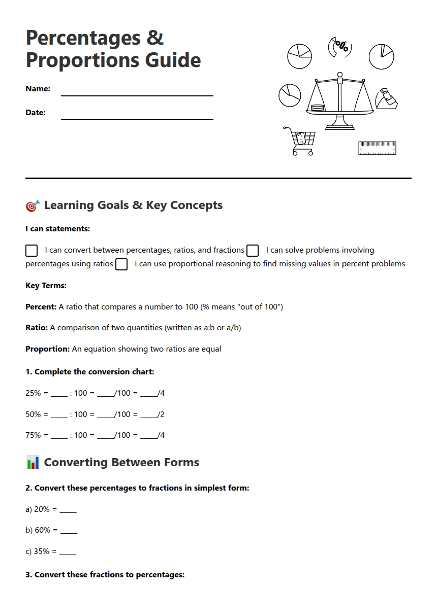 Percentages & Proportions Guide worksheet preview