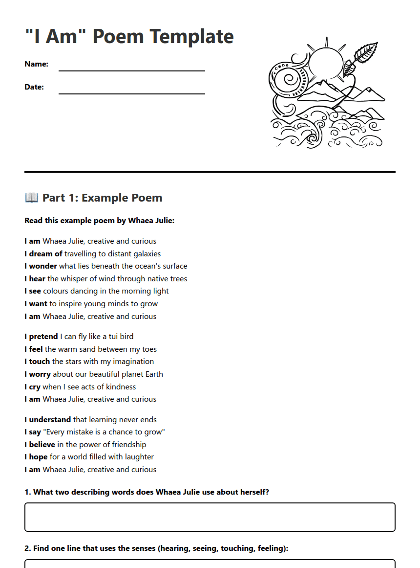 "I Am" Poem Template worksheet preview