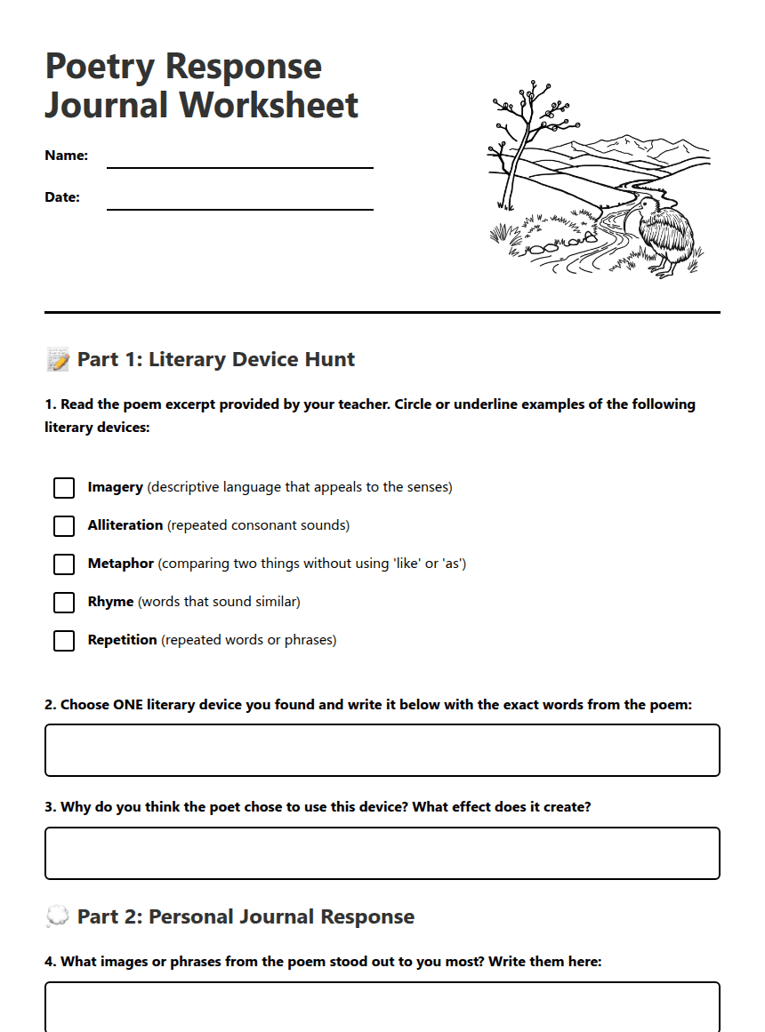 Poetry Response Journal Worksheet worksheet preview