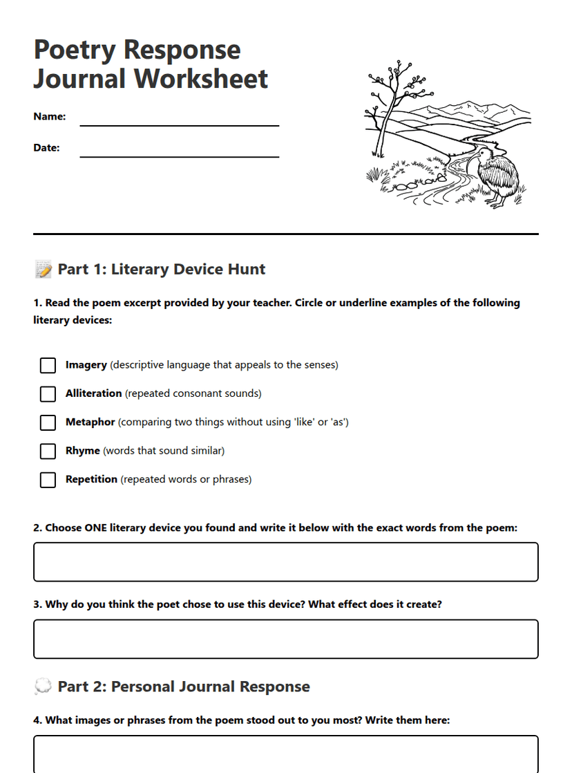 Poetry Response Journal Worksheet