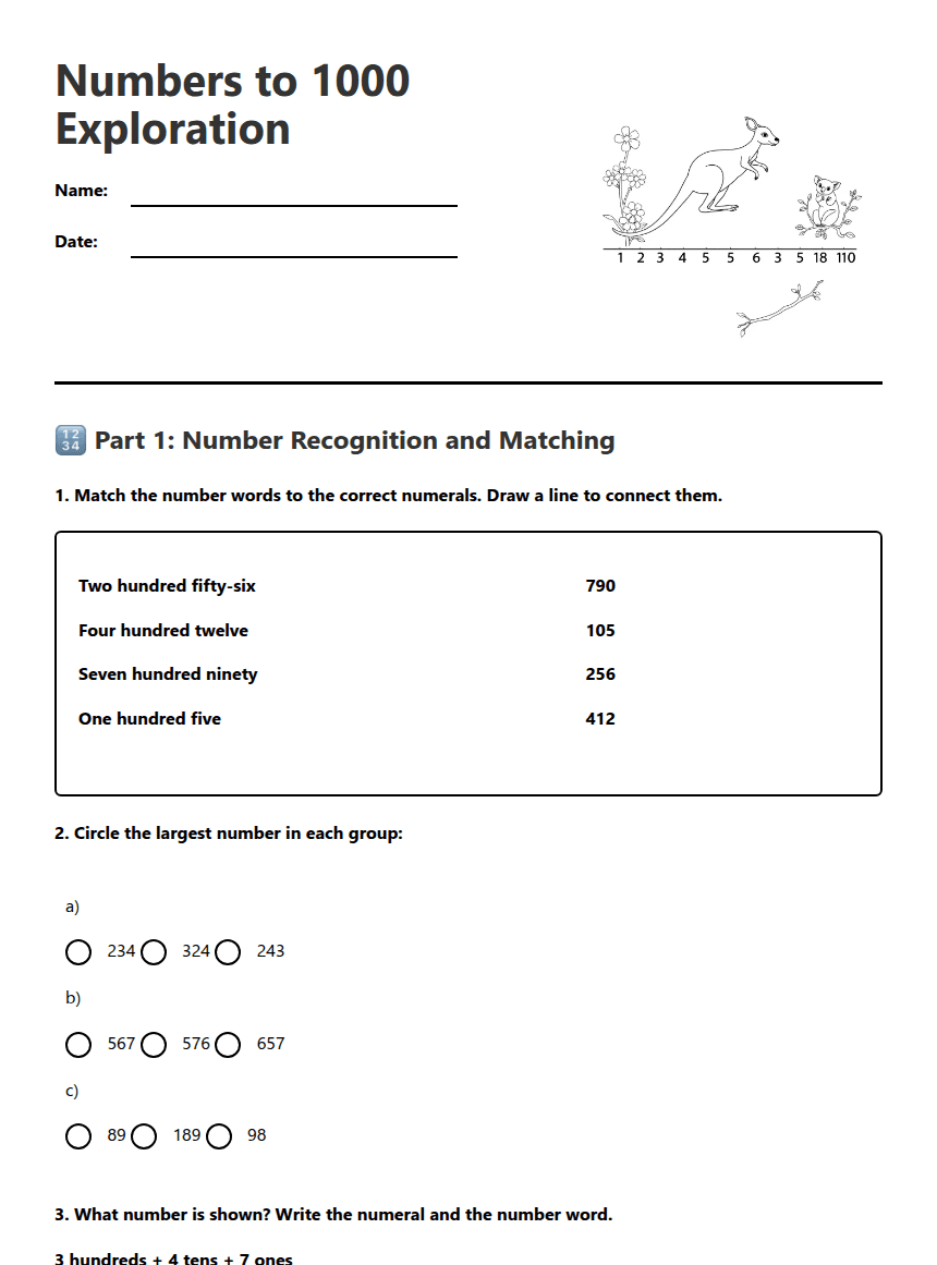 Numbers to 1000 Exploration worksheet preview
