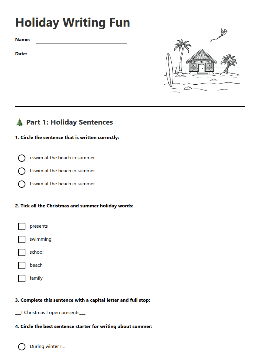 Holiday Writing Fun worksheet preview
