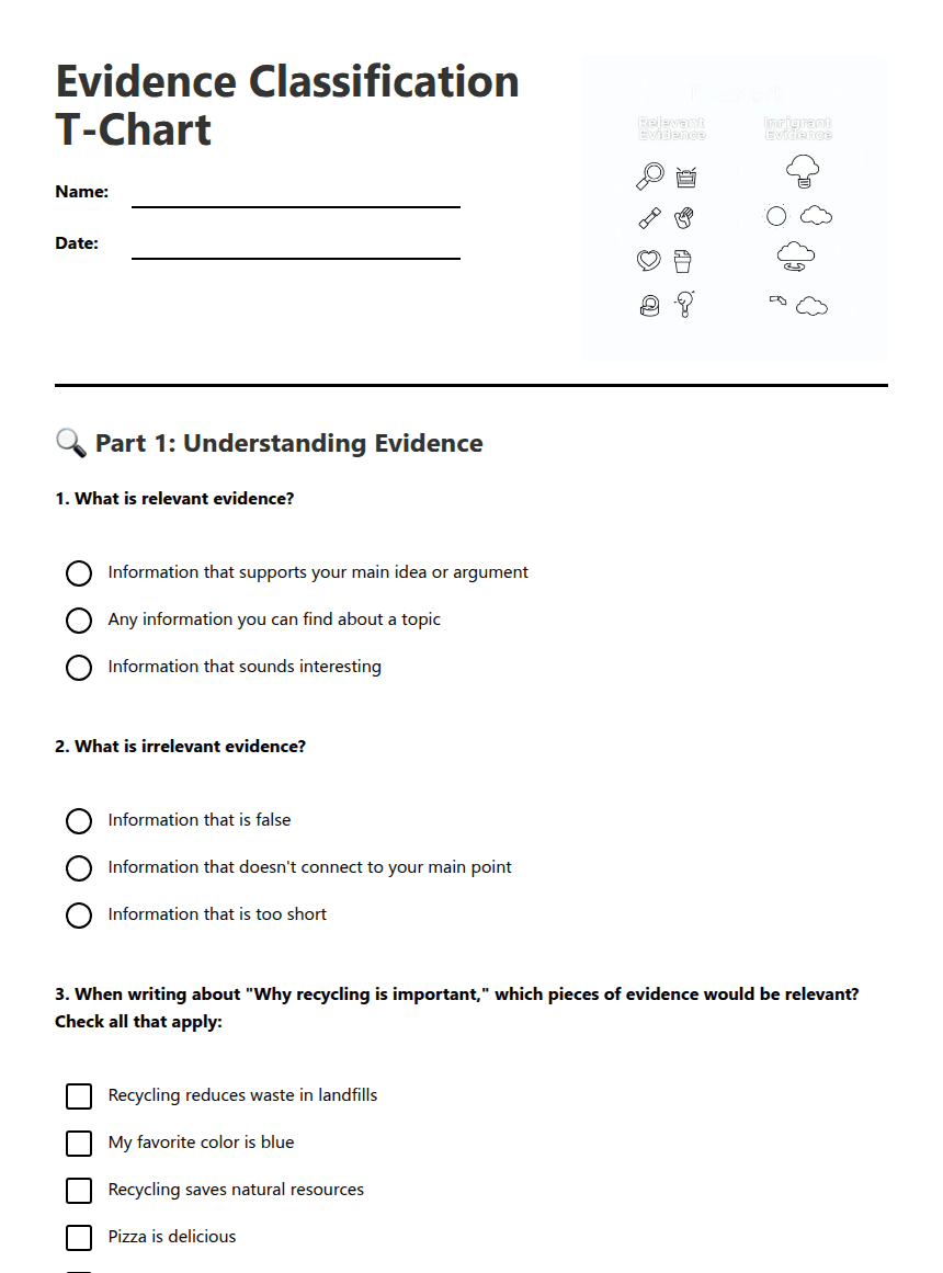 Evidence Classification T-Chart worksheet preview