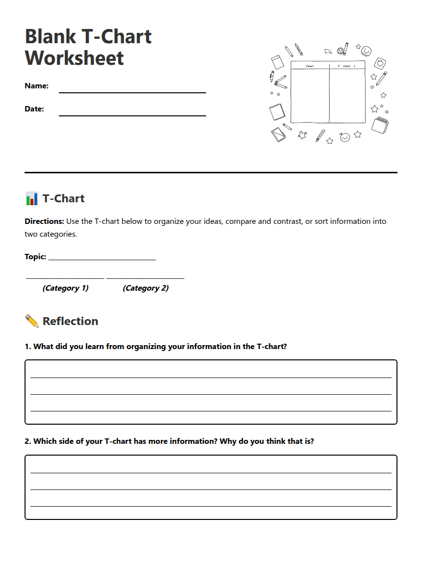 Blank T-Chart Worksheet worksheet preview