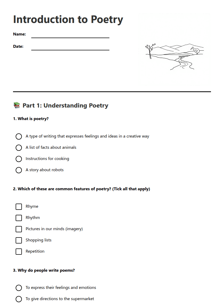 Introduction to Poetry worksheet preview