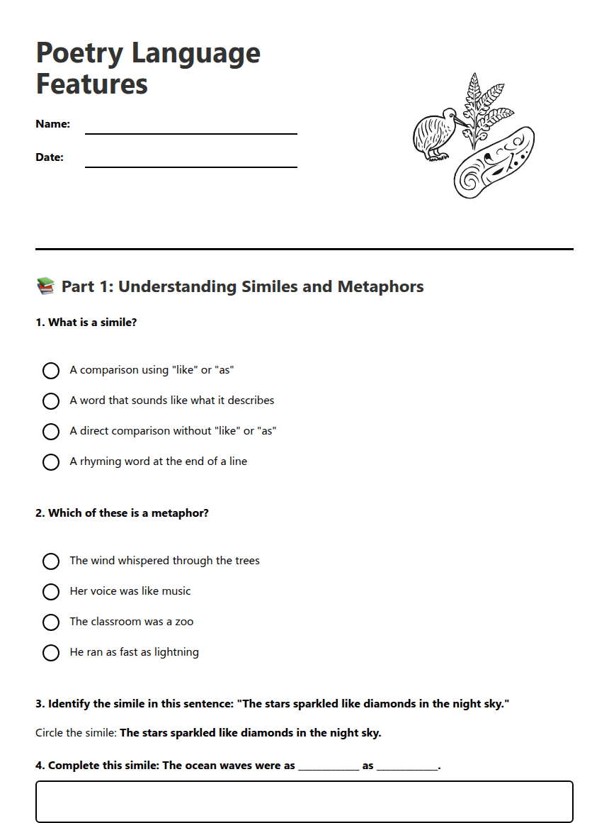 Poetry Language Features worksheet preview