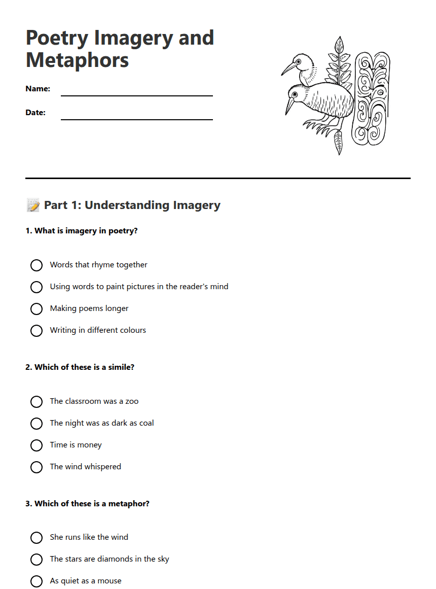 Poetry Imagery and Metaphors worksheet preview