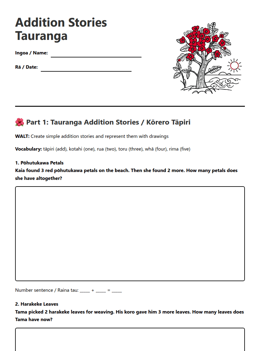 Addition Stories Tauranga worksheet preview