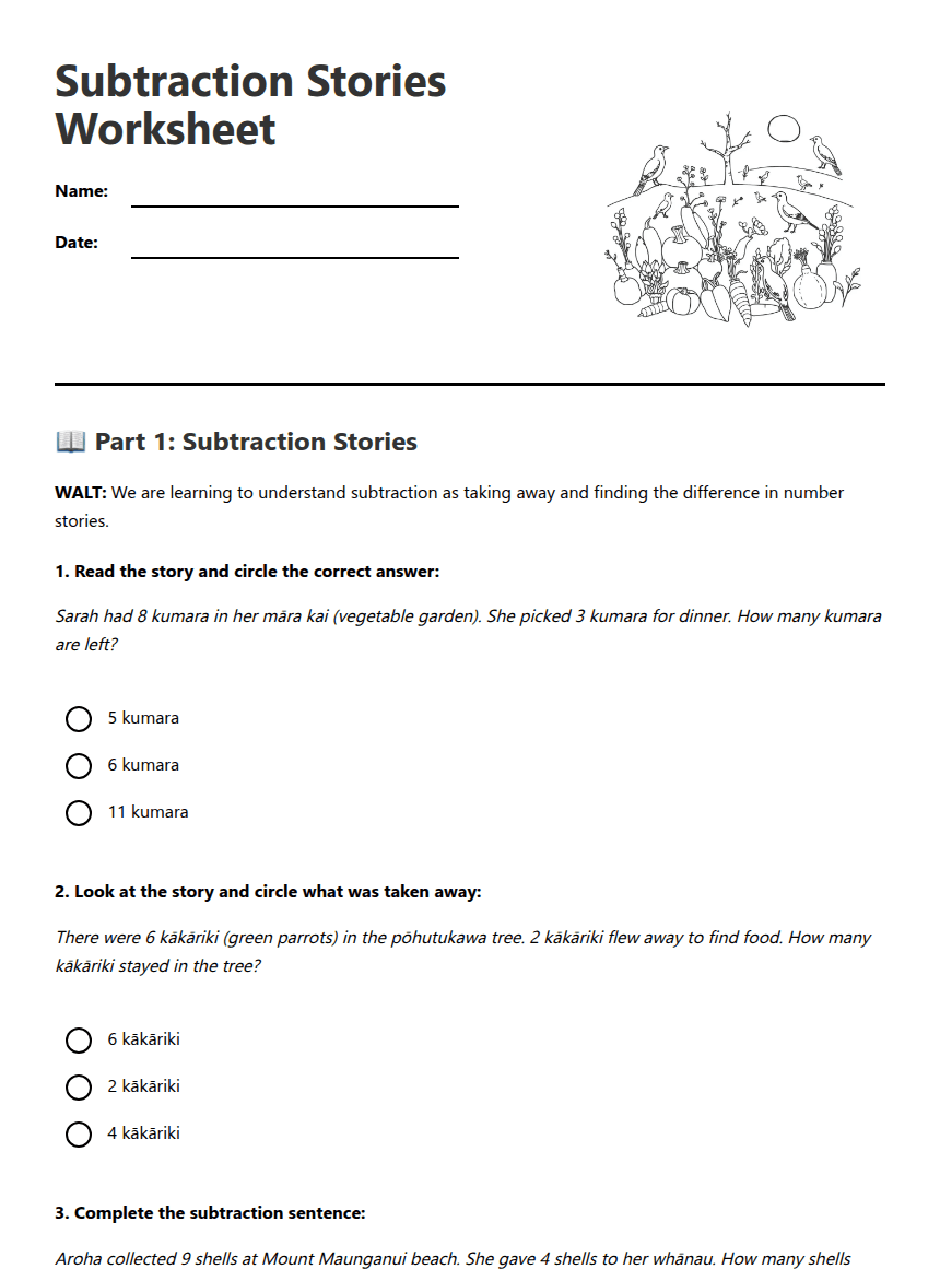 Subtraction Stories Worksheet worksheet preview