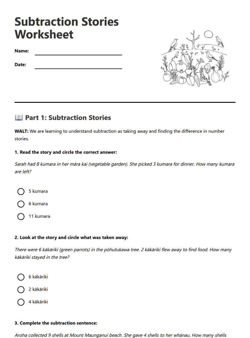 Subtraction Stories Worksheet