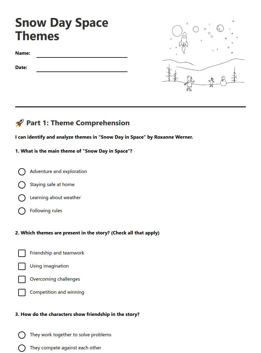 Snow Day Space Themes worksheet preview