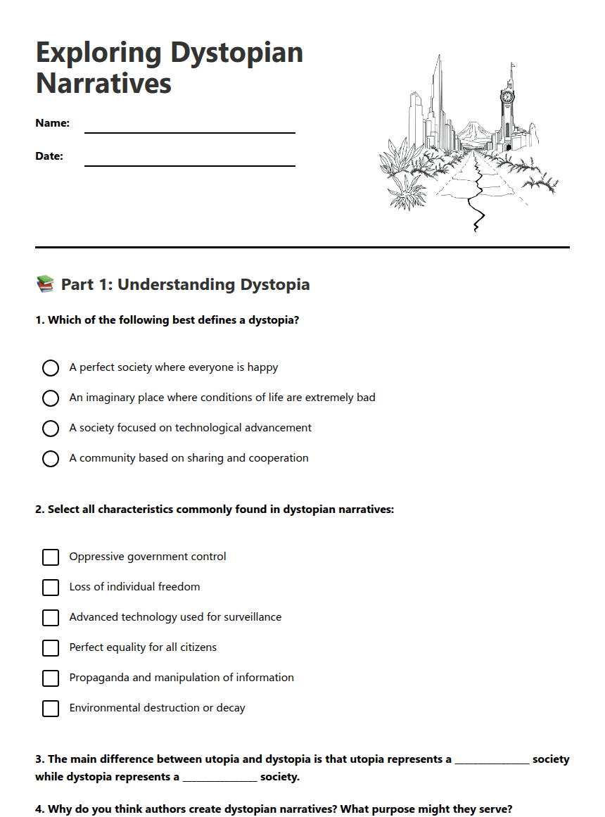 Exploring Dystopian Narratives worksheet preview