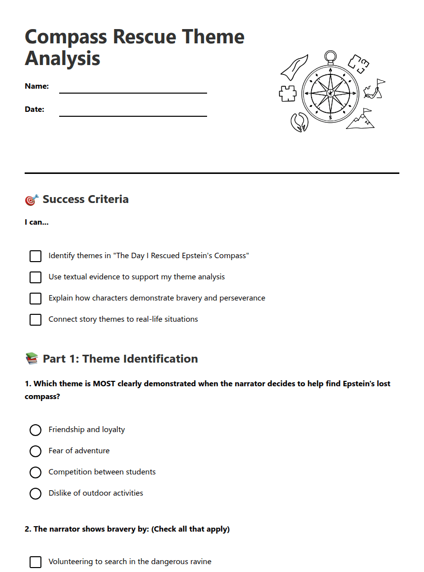 Compass Rescue Theme Analysis worksheet preview