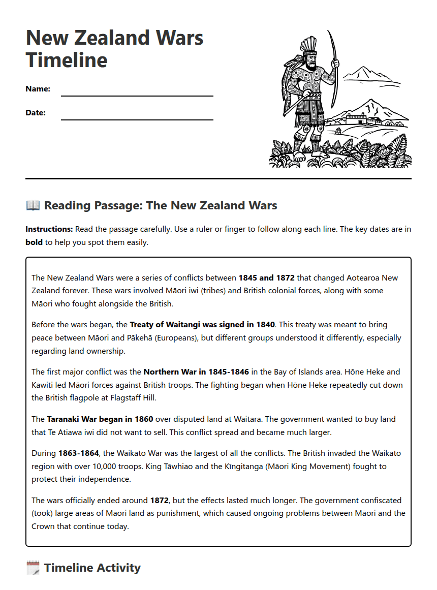 New Zealand Wars Timeline worksheet preview