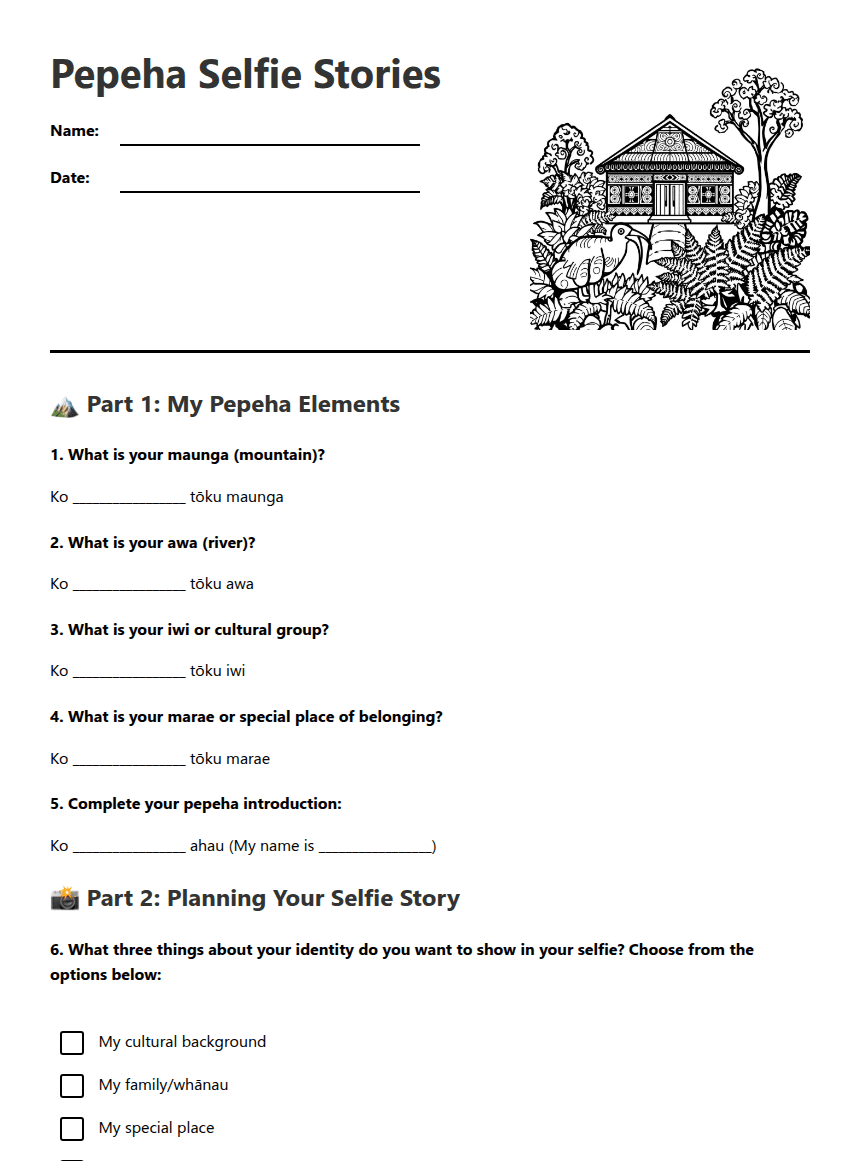 Pepeha Selfie Stories worksheet preview