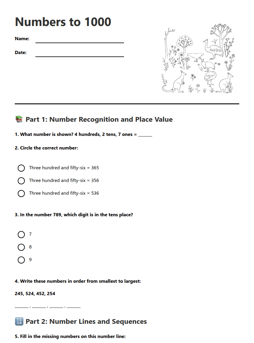 Numbers to 1000 worksheet preview
