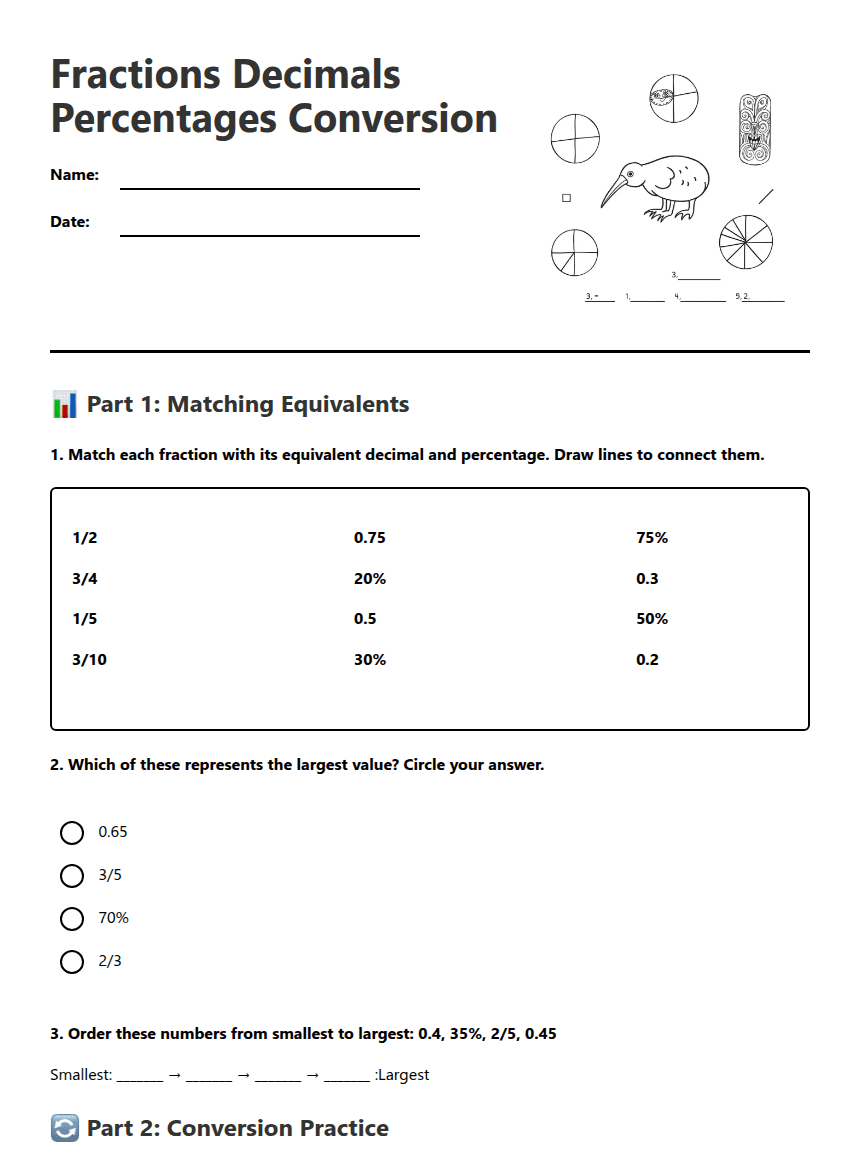 Fractions Decimals Percentages Conversion worksheet preview