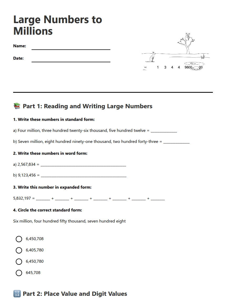 Large Numbers to Millions worksheet preview
