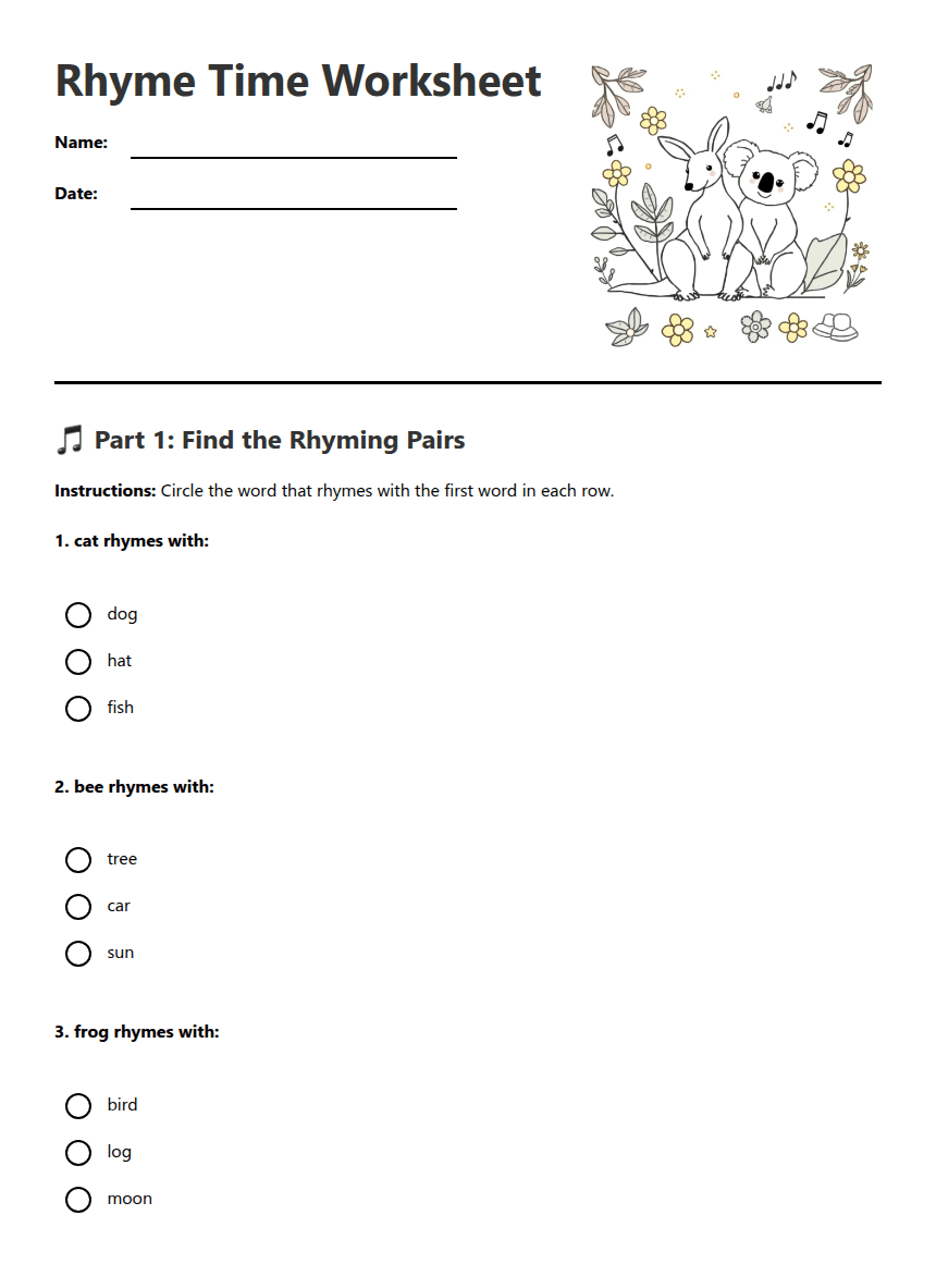 Rhyme Time Worksheet worksheet preview