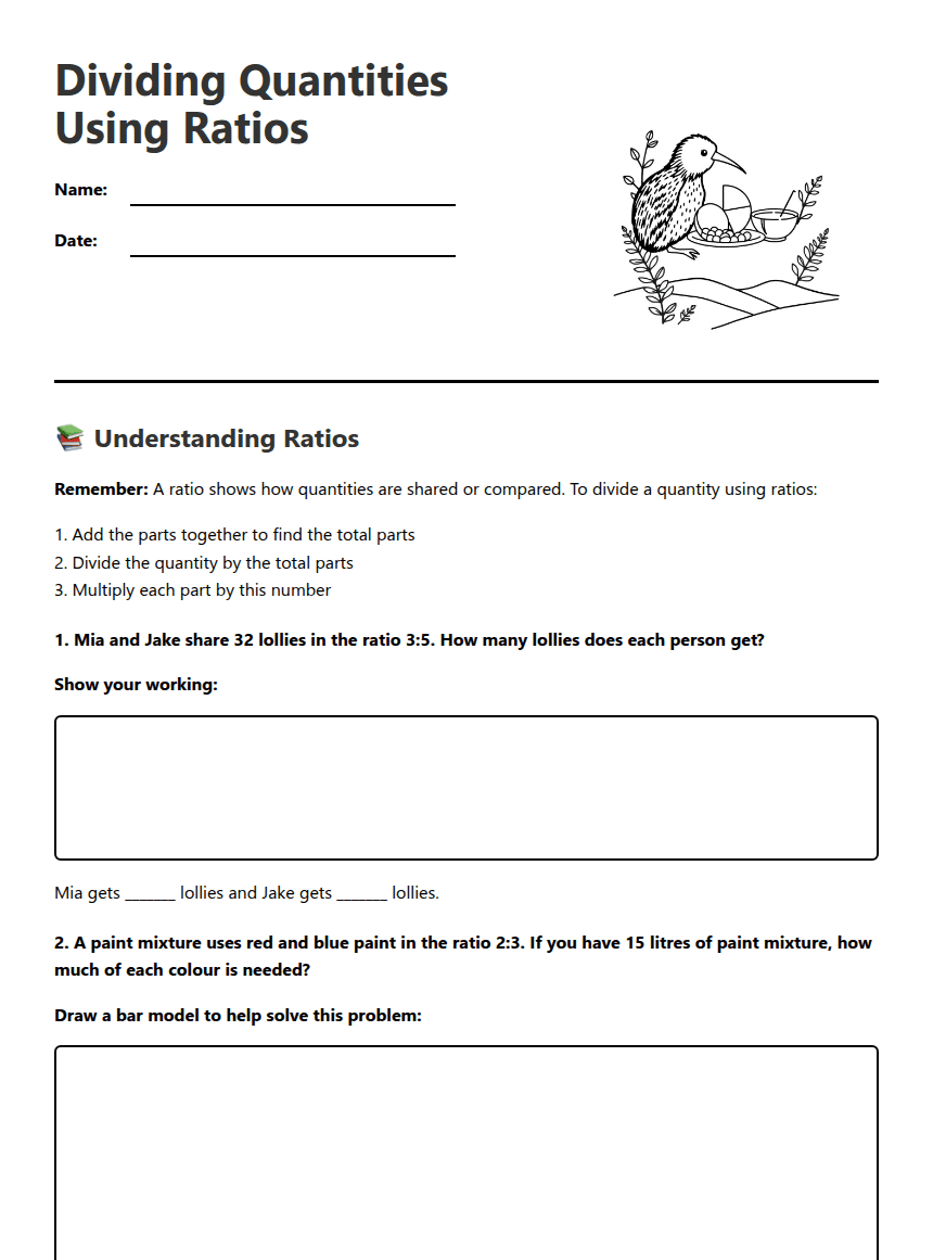 Dividing Quantities Using Ratios worksheet preview