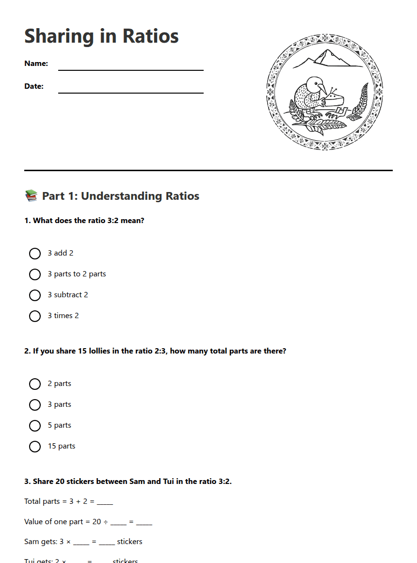 Sharing in Ratios worksheet preview