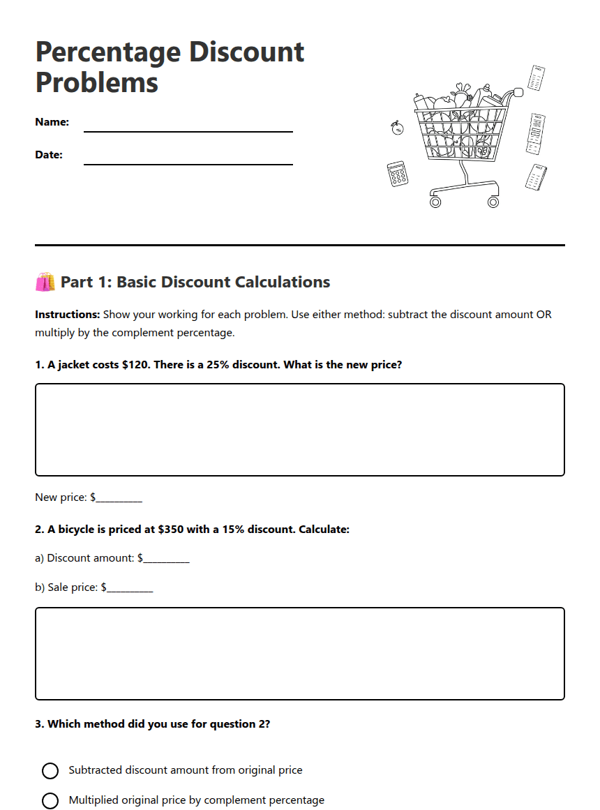 Percentage Discount Problems worksheet preview