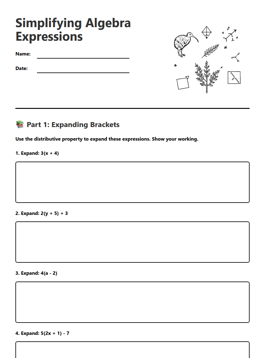 Simplifying Algebra Expressions worksheet preview