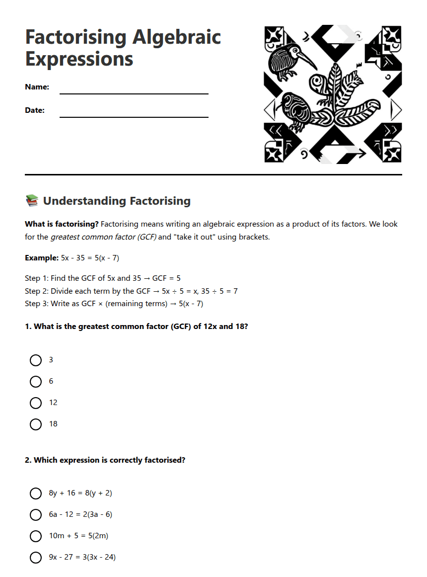 Factorising Algebraic Expressions worksheet preview