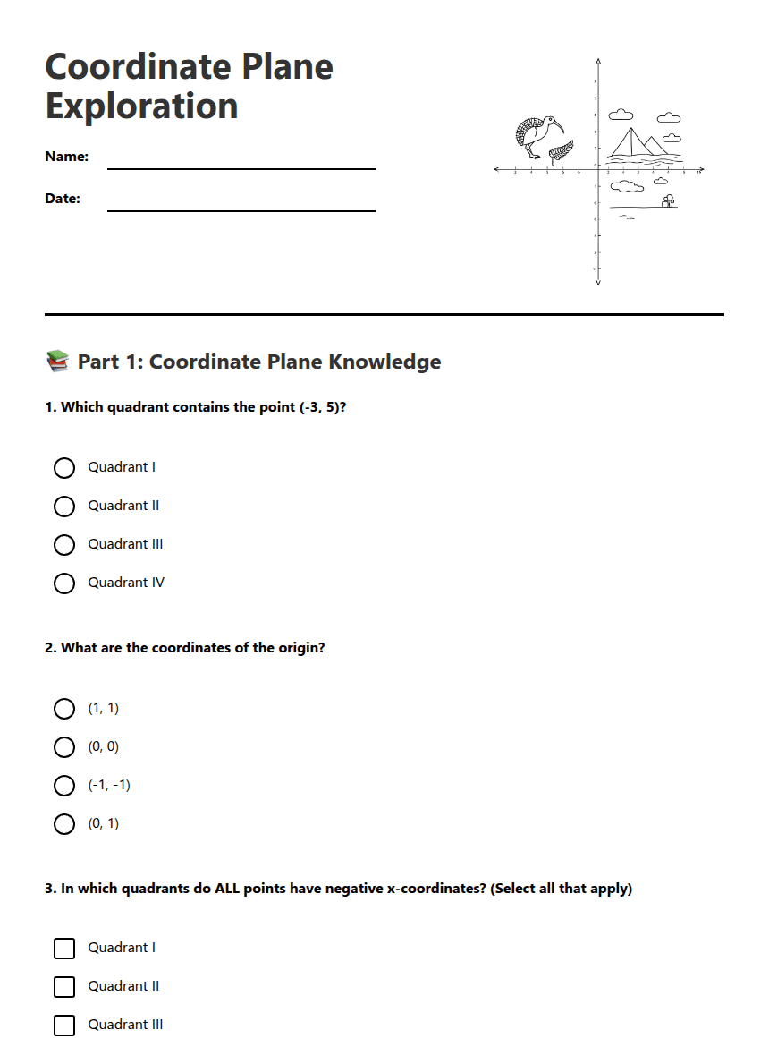Coordinate Plane Exploration worksheet preview