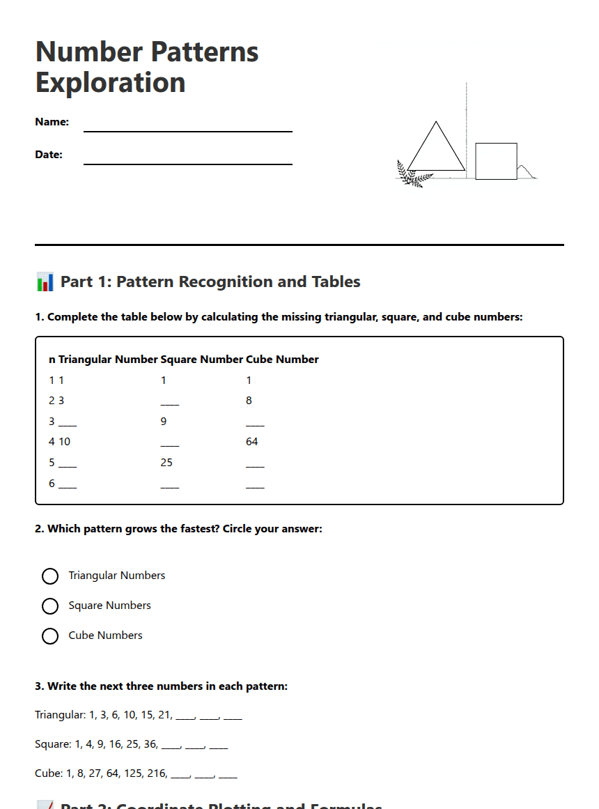 Number Patterns Exploration worksheet preview