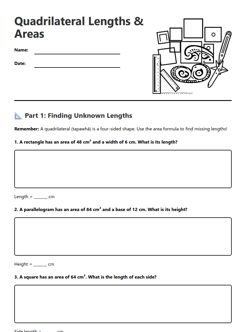 Quadrilateral Lengths & Areas worksheet preview