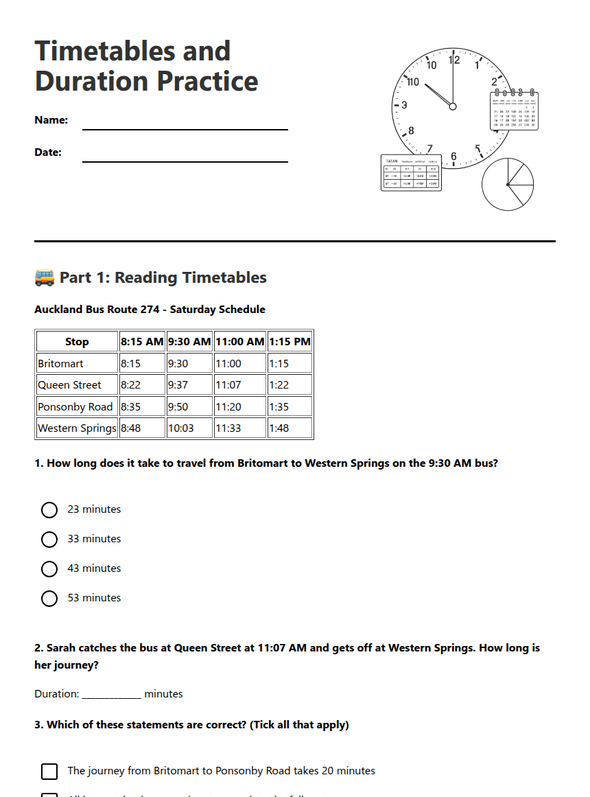 Timetables and Duration Practice worksheet preview