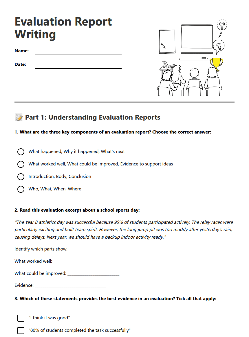 Evaluation Report Writing worksheet preview