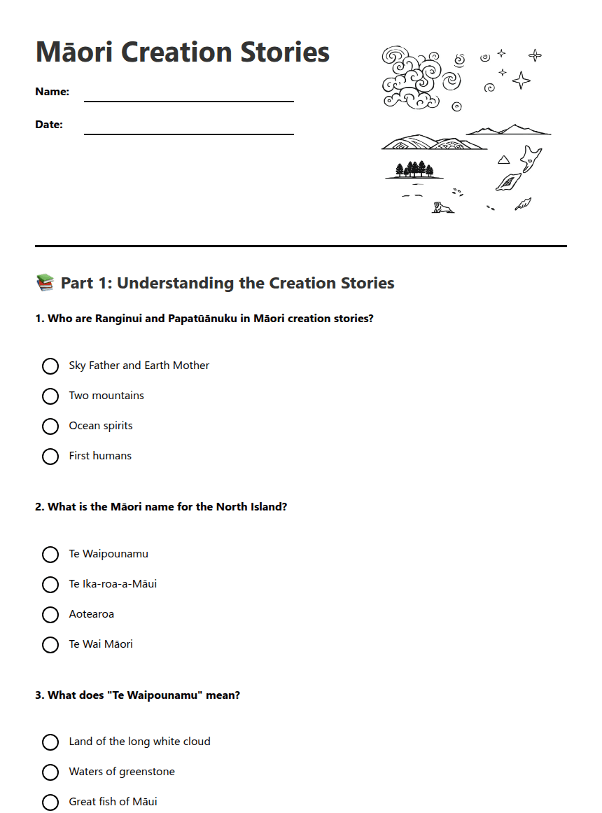Māori Creation Stories worksheet preview