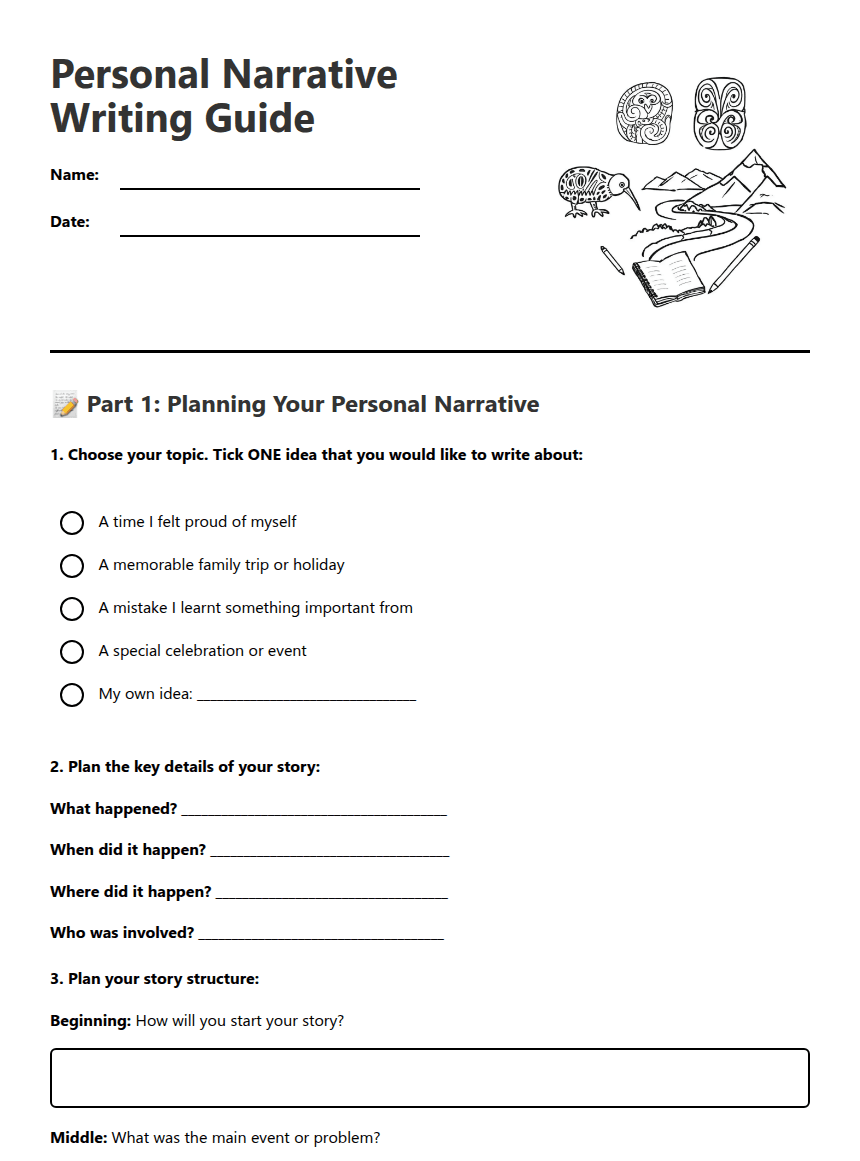 Personal Narrative Writing Guide worksheet preview