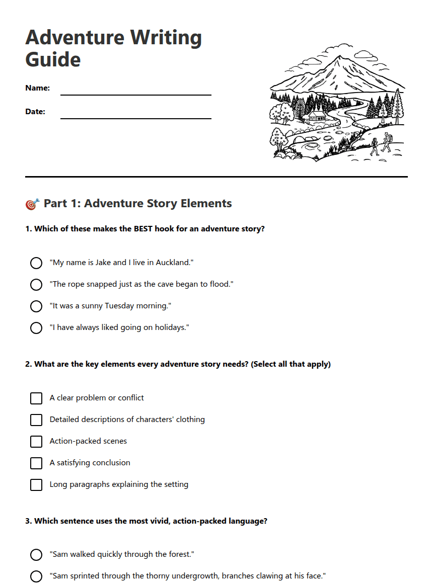 Adventure Writing Guide worksheet preview
