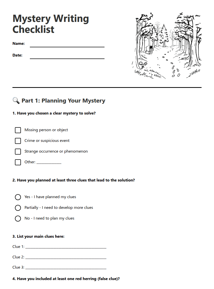 Mystery Writing Checklist worksheet preview
