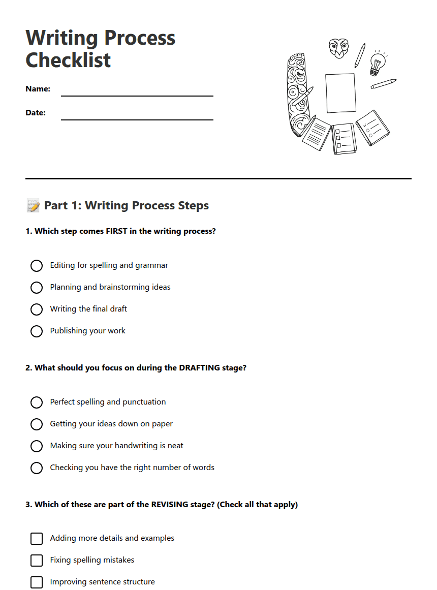 Writing Process Checklist worksheet preview