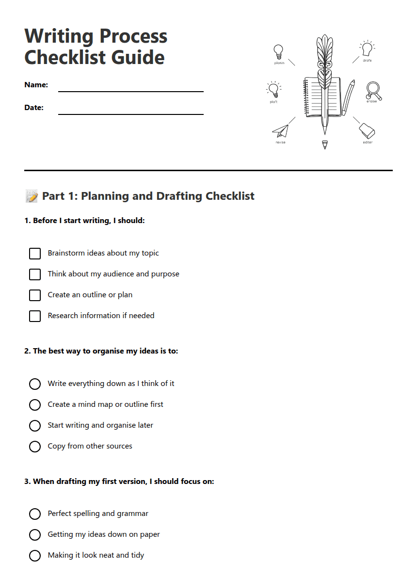 Writing Process Checklist Guide worksheet preview