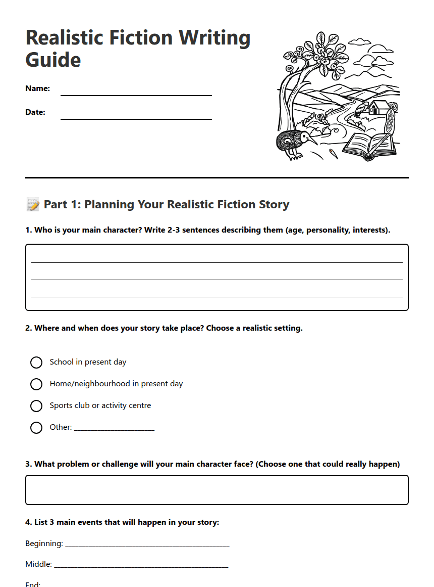 Realistic Fiction Writing Guide worksheet preview