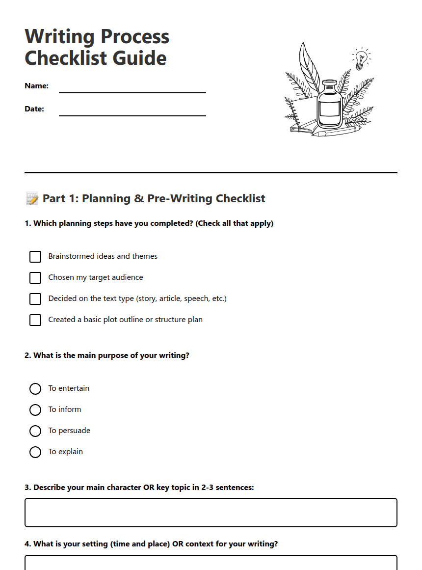 Writing Process Checklist Guide worksheet preview