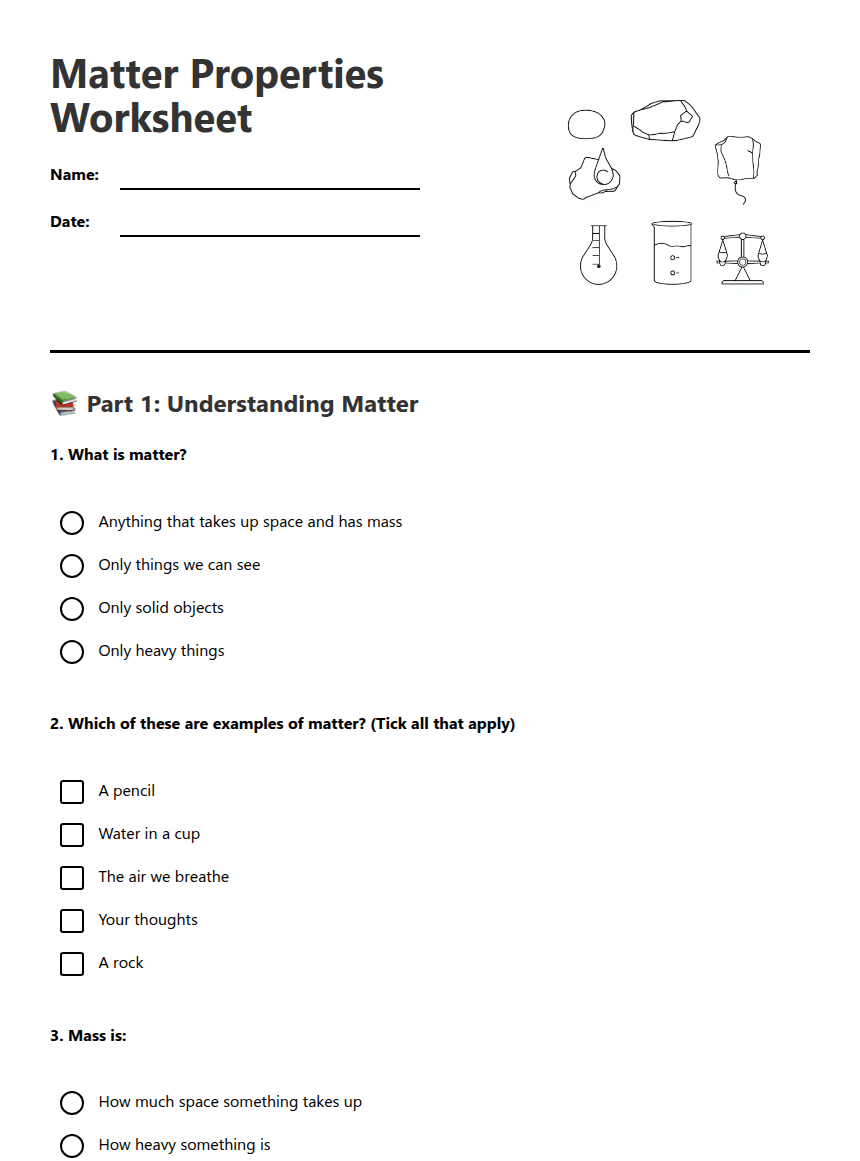 Matter Properties Worksheet worksheet preview