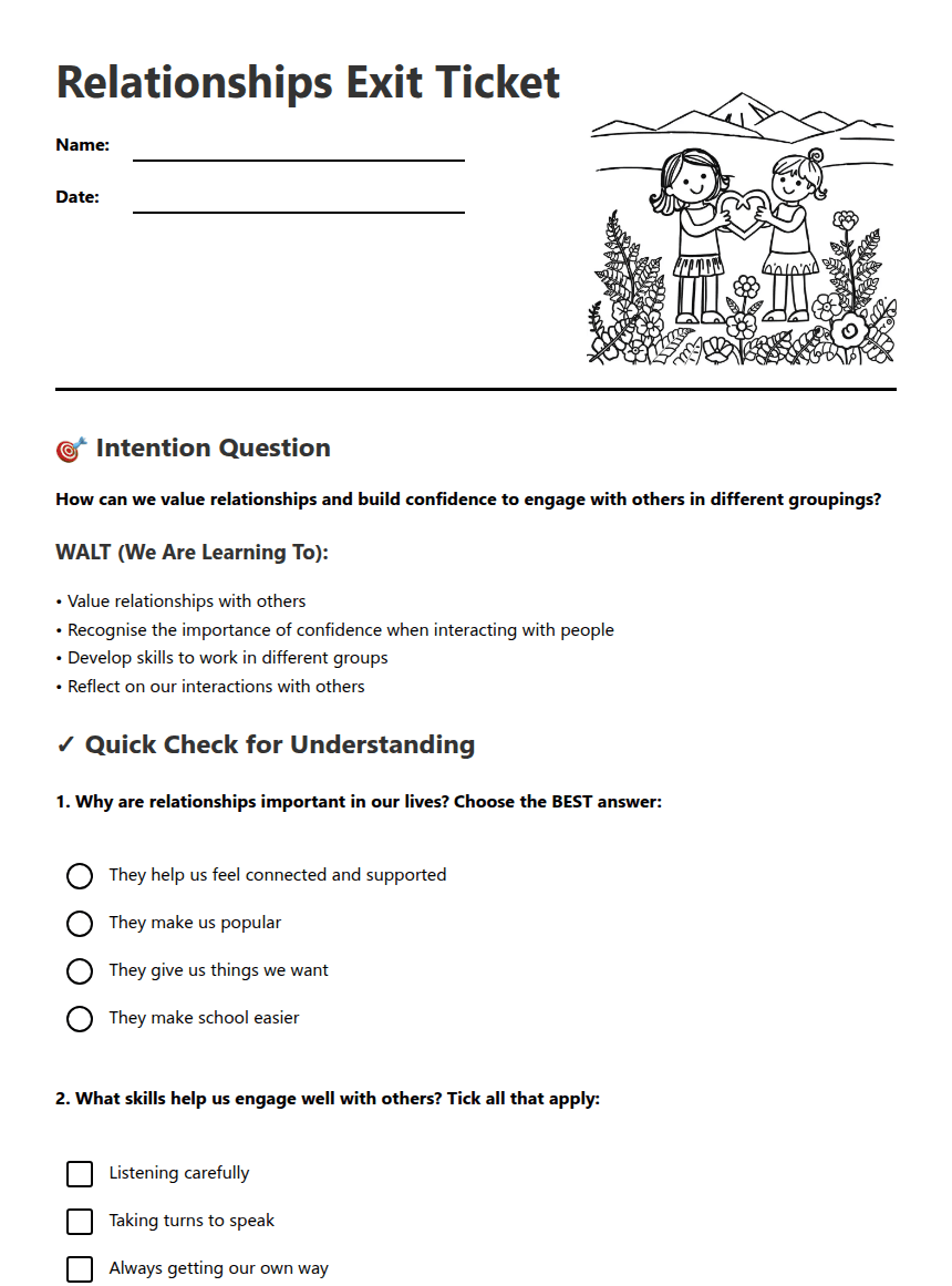Relationships Exit Ticket worksheet preview